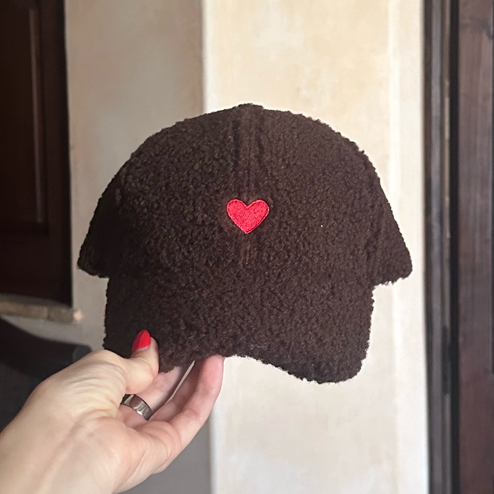 NWT Brown Shearling Cap with Red Heart